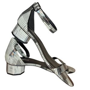 VANELI striped sandals, grey black white, round block heel, ankle strap. 10